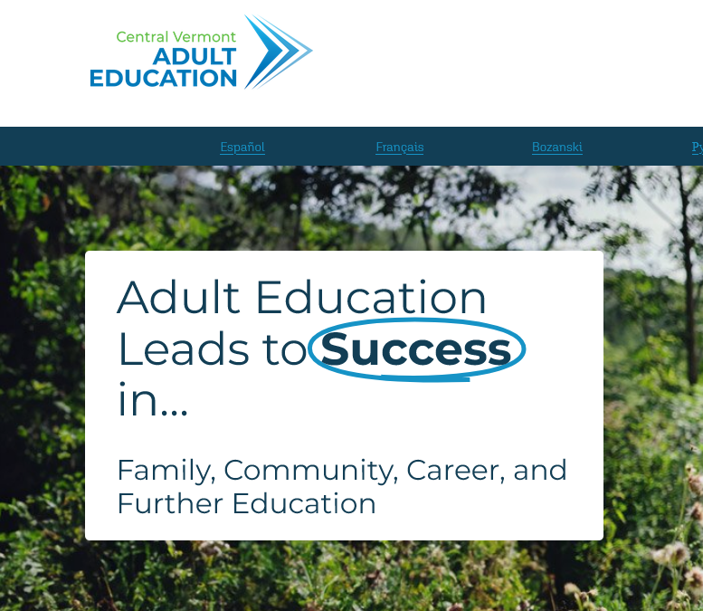 screenshot of Central Vermont Adult Education home page